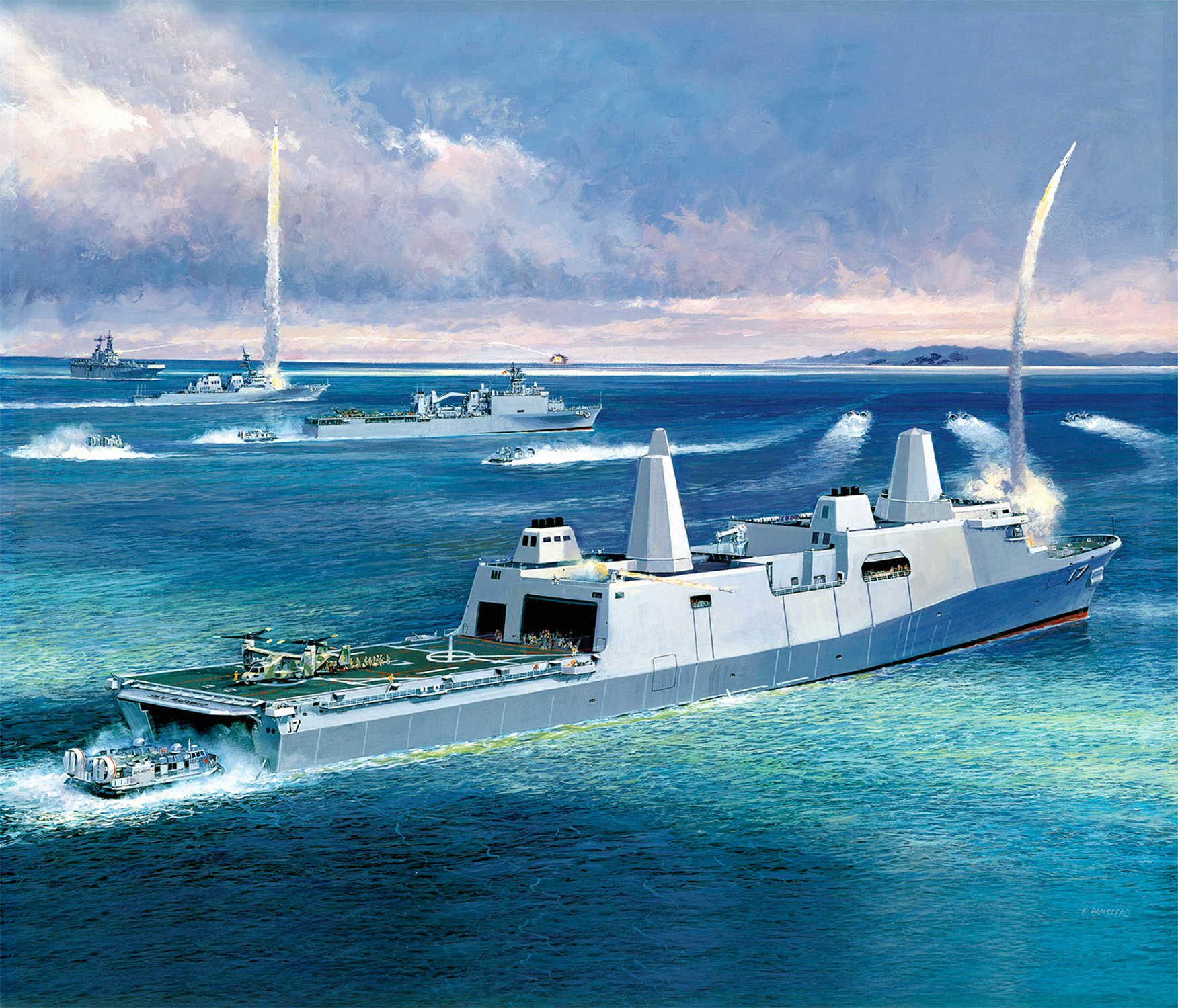 2003 Artist's concept of the San Antonio Class amphibious transport dock ships firing a missile from a vertical launch system in the ship's bow. US Navy Image